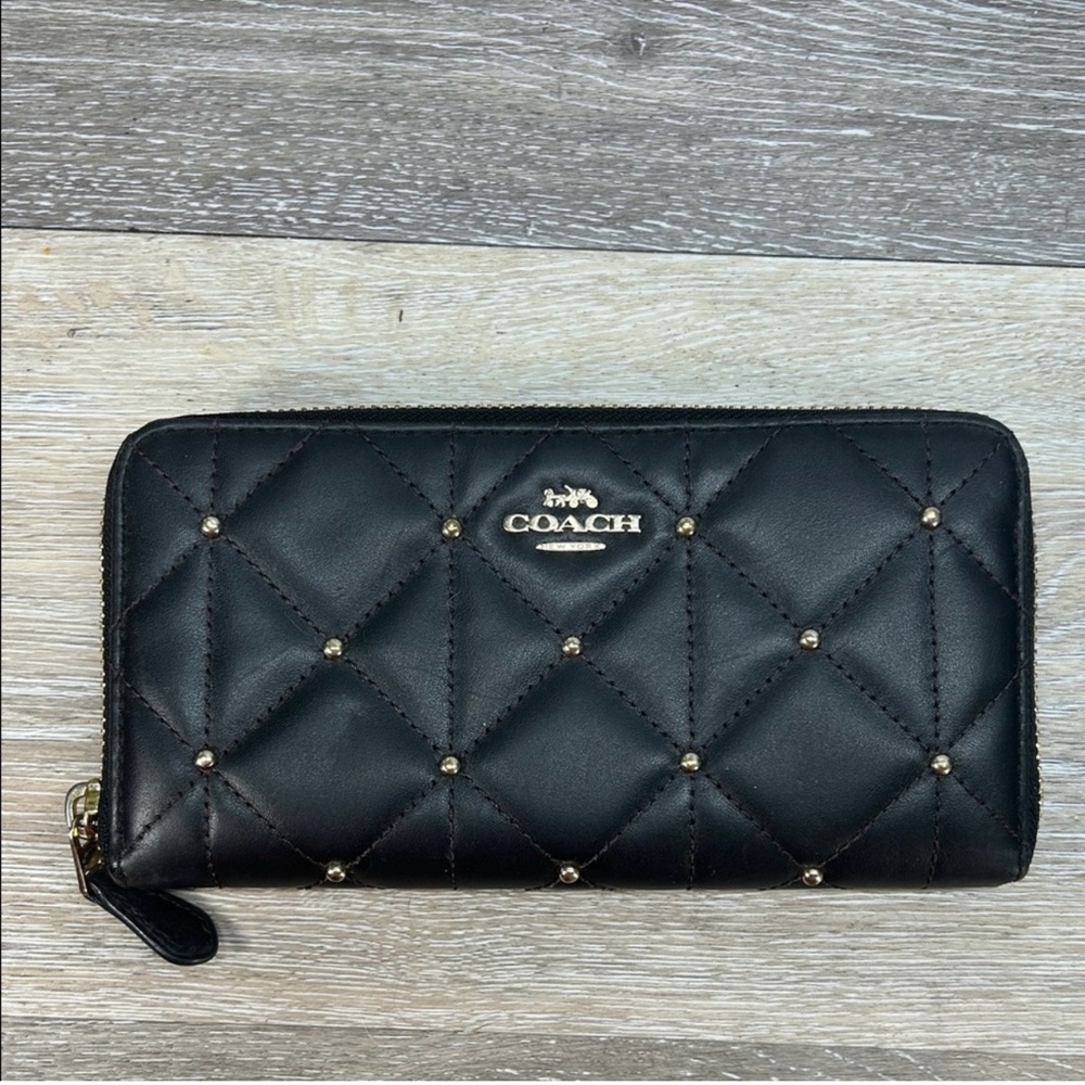 Coach Quilted Studded Zip-Around Wallet – Black Leather